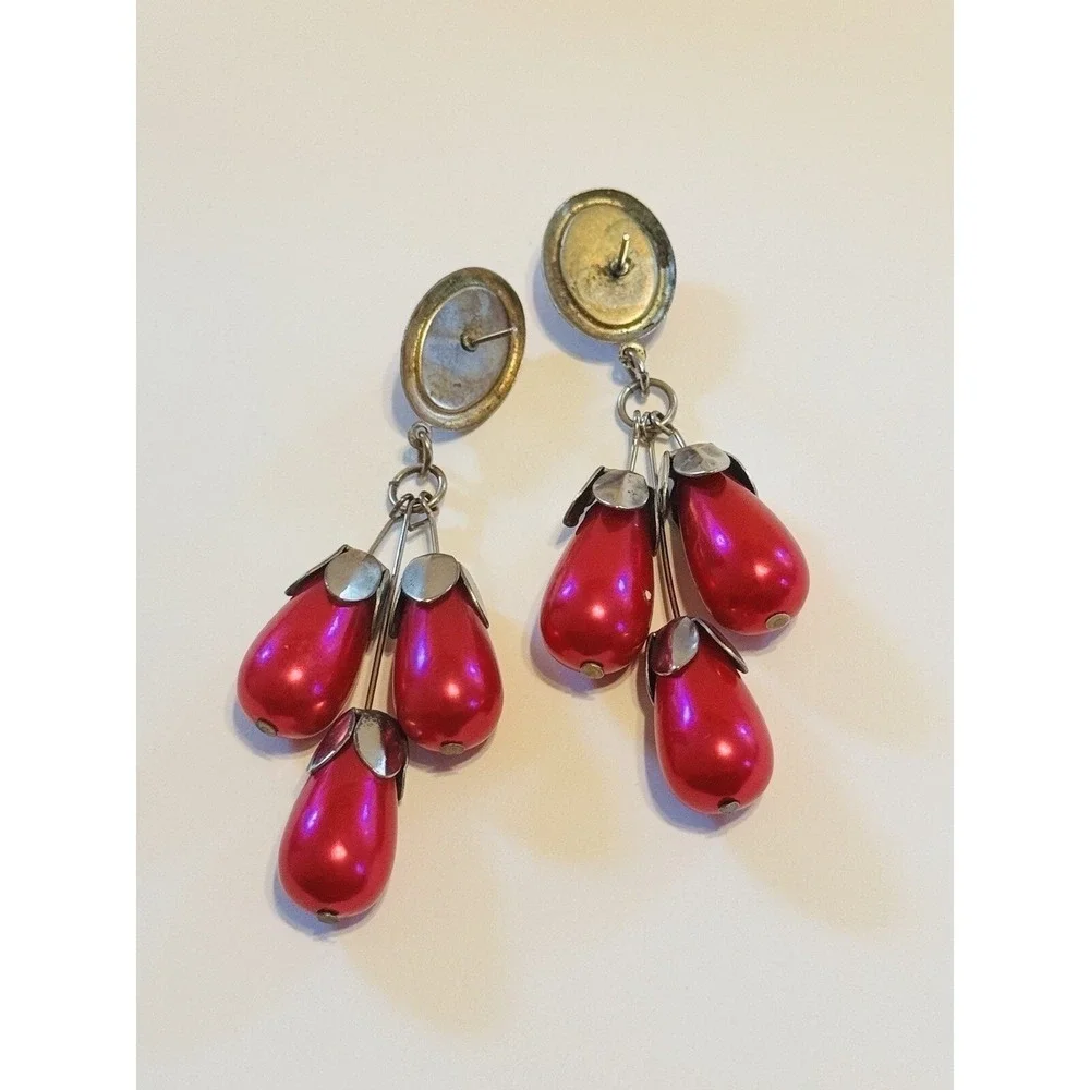 Flashy Earrings VTG Dangle Pink Magenta‎ Beaded Waterfall Statement Retro 70s